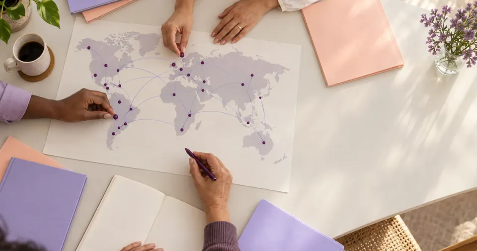 Mesa vista de cima com um mapa-múndi de papel, pontos ligados em várias cidades e as mãos de três pesquisadoras organizando pastas e anotações.