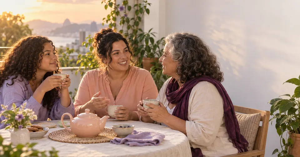 Três mulheres de gerações diferentes conversando à mesa de uma varanda clara, com xícaras de chá