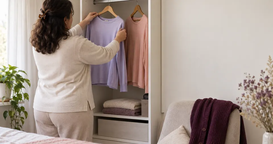 Mulher de costas pendurando uma blusa de manga comprida lavanda num cabide, junto a um guarda-roupa claro.