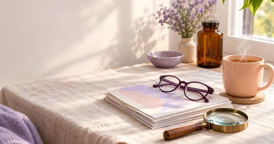 Mesa clara com páginas impressas sem texto, óculos de leitura, lupa, caneca pêssego e frasco âmbar fechado