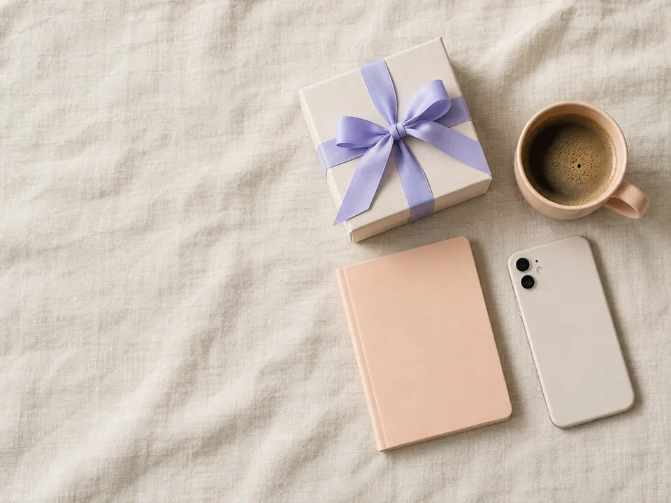 Caixa de presente com laço lavanda, xícara de café, caderno e celular sobre um tecido claro.