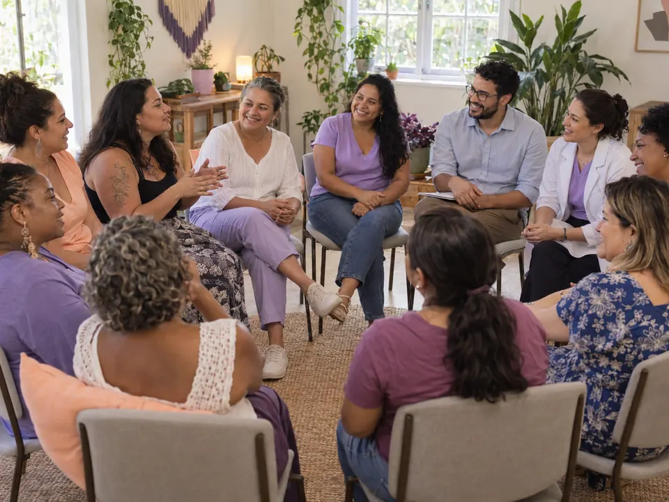 Pacientes e profissionais de saúde sentados em roda, conversando numa sala clara com plantas.