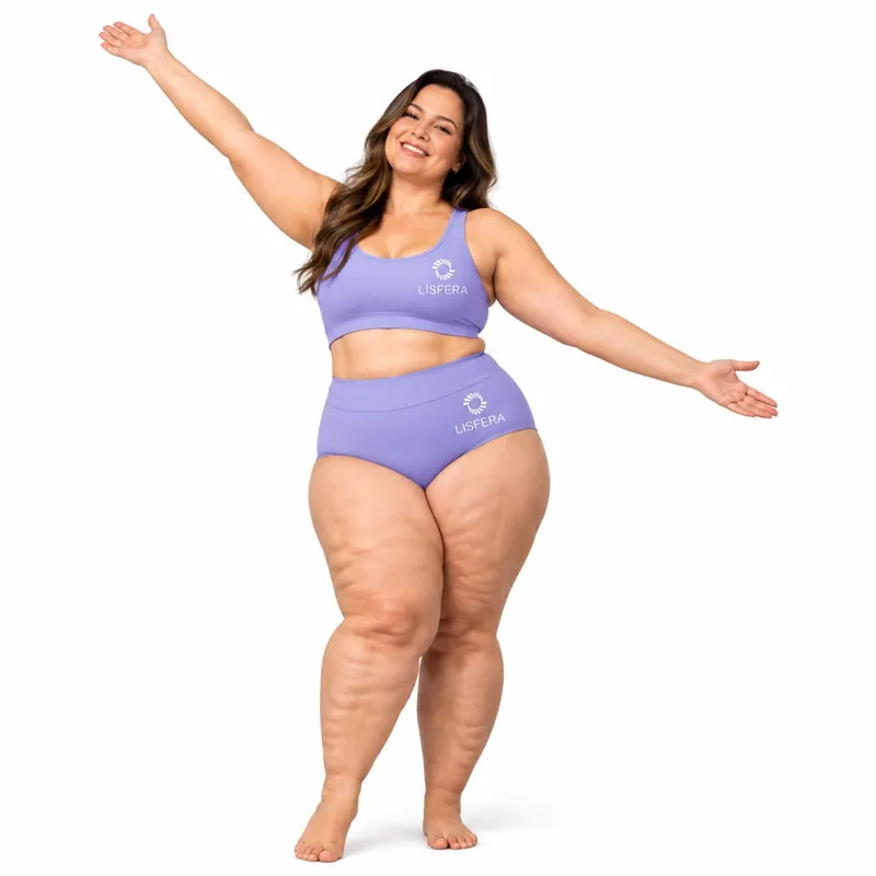 Woman with lipedema, smiling with her arms open, wearing a lavender LISFERA activewear set.