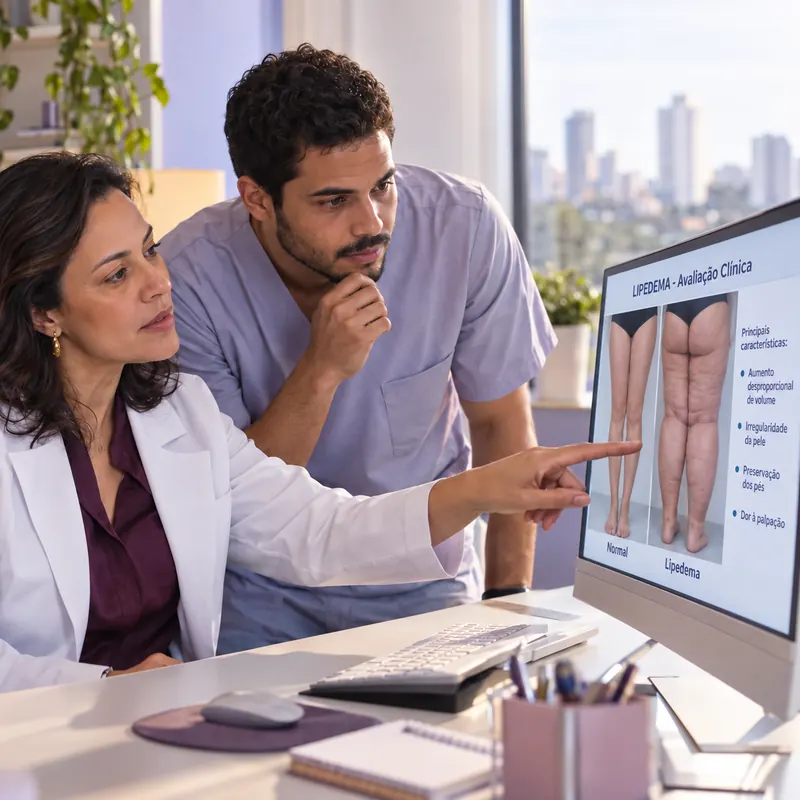 A doctor shows a colleague, on the computer screen, the clinical assessment of lipedema with the legs side by side.