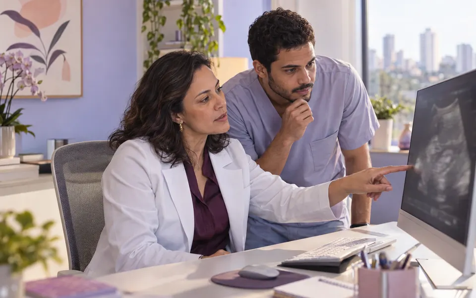 Uma médica e um colega observam juntos uma imagem de ultrassom na tela do computador.
